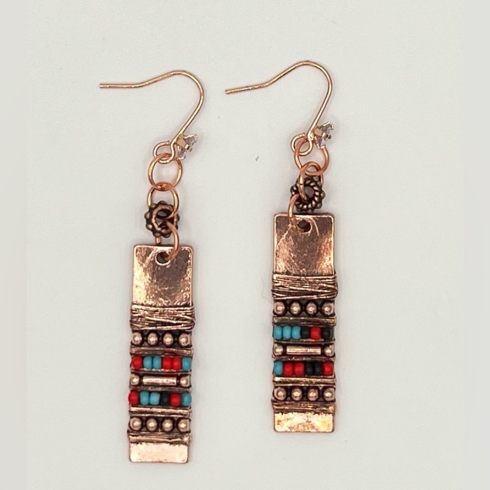 Copper Boho Dangle Earrings with Multi-color Bead Accents